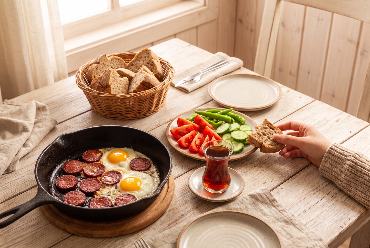 Sucuklu yumurta, stekt sucuk med egg, servert på et frokostbord i Norge